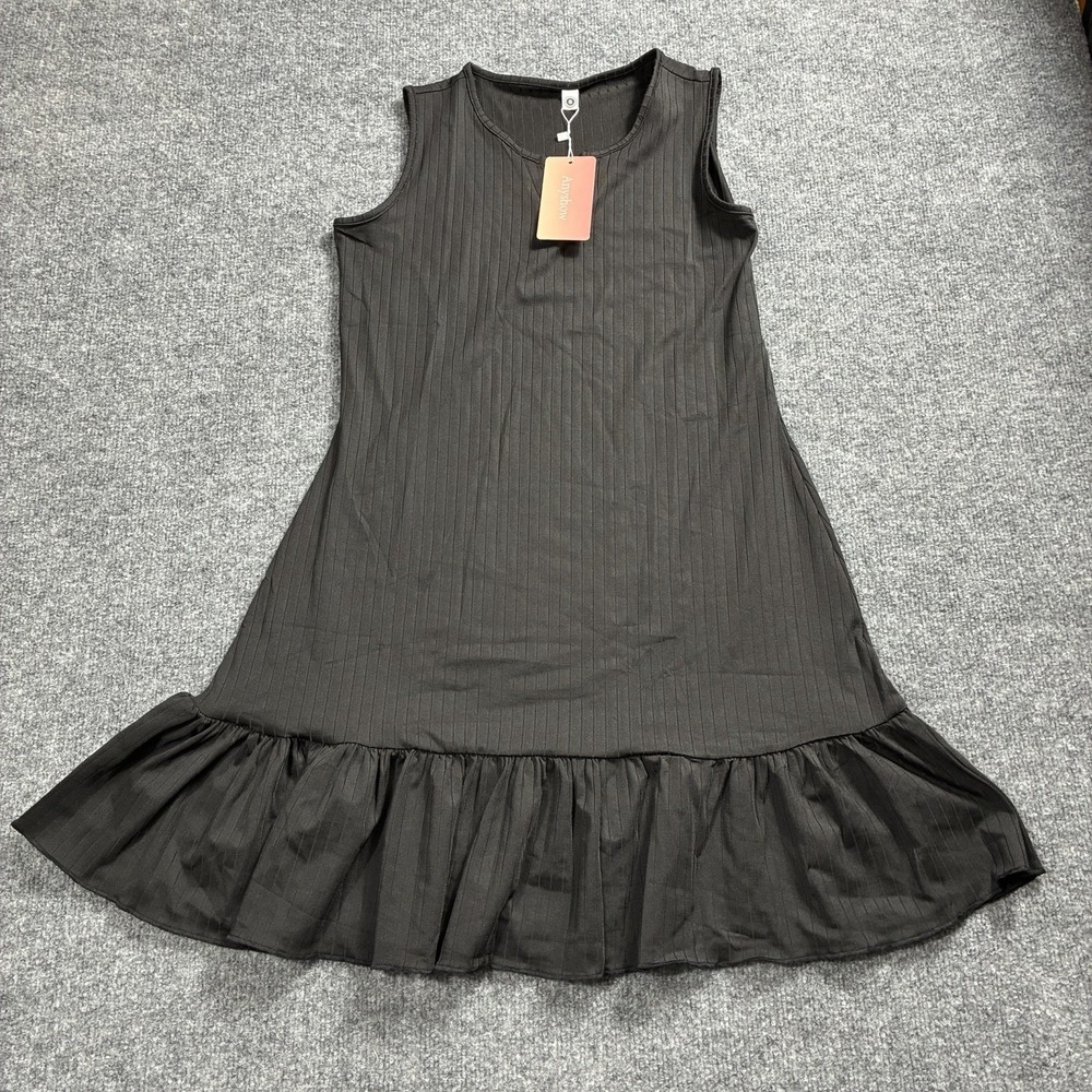 Anyshow Black Ribbed Sleeveless Ruffle Hem Mini Dress Size Small Boho LBD